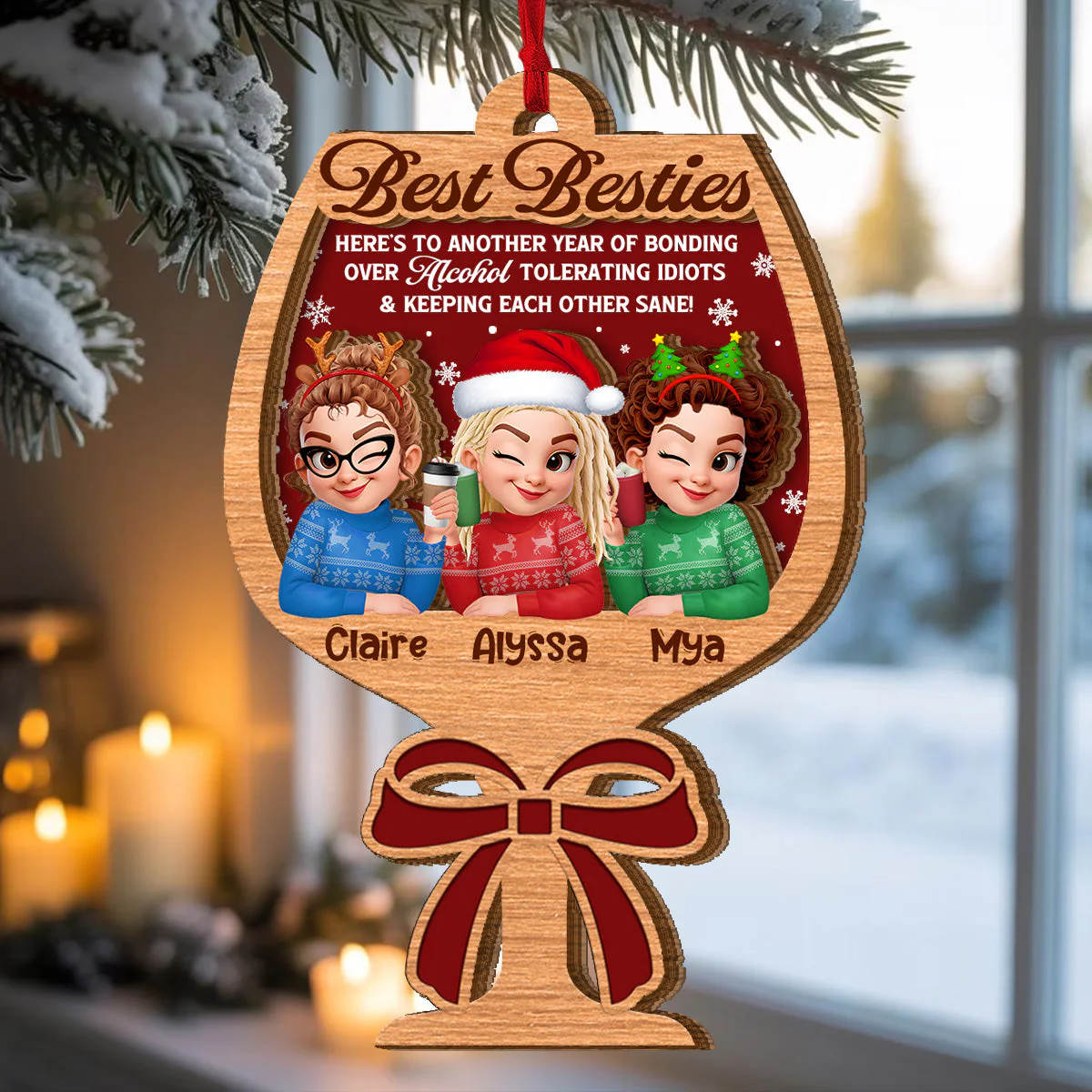 Personalized 2-Layer Wooden Ornament for Best Friends, Cute Christmas Sweater Trio Design, Unique Holiday Gift Keepsake - Image 4