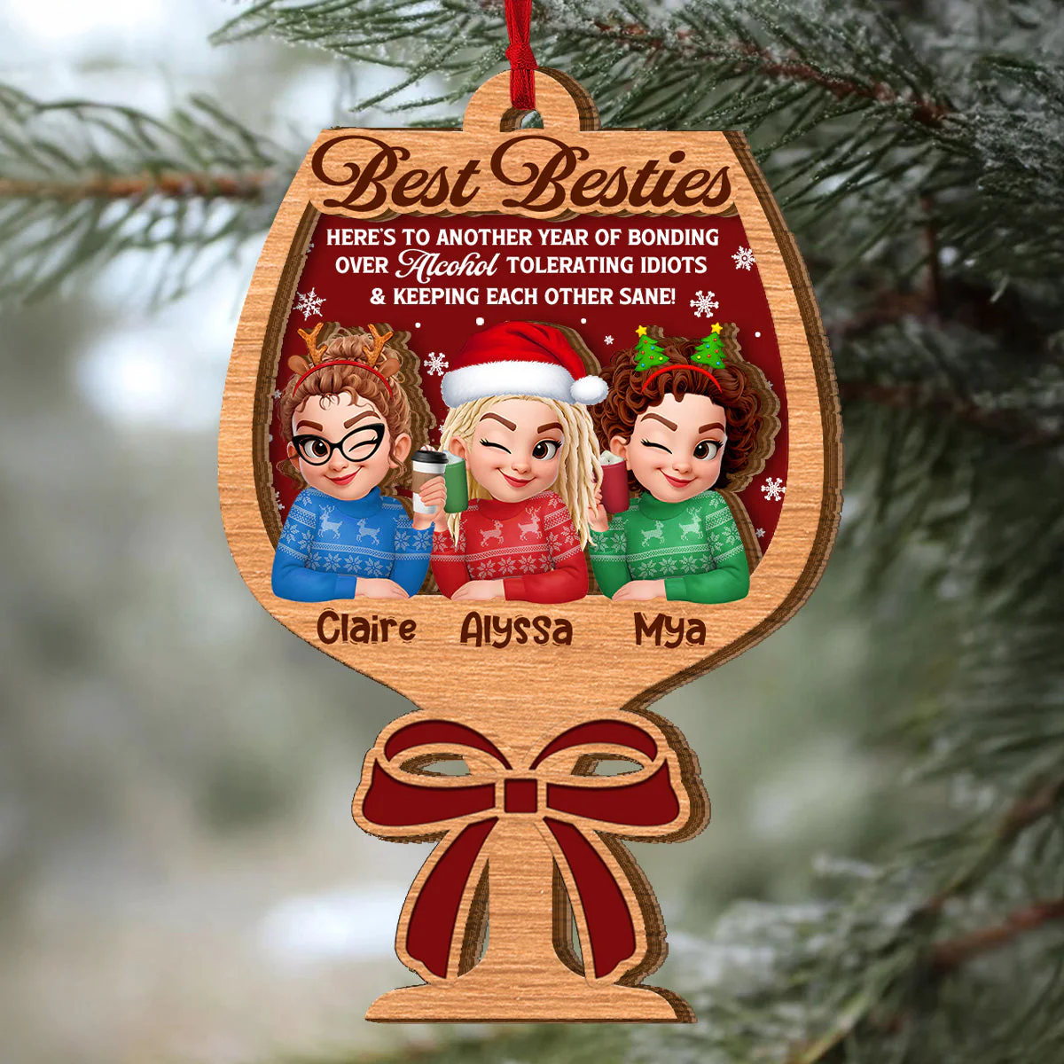 Personalized 2-Layer Wooden Ornament for Best Friends, Cute Christmas Sweater Trio Design, Unique Holiday Gift Keepsake - Image 5