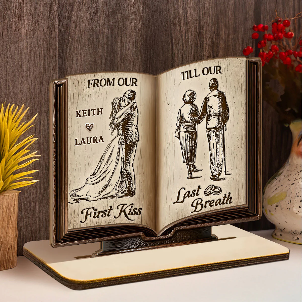Personalized 2-Layer Wooden Plaque Book for Couples From First Kiss to Last Breath, Romantic Keepsake & Unique Anniversary Gift - Image 2