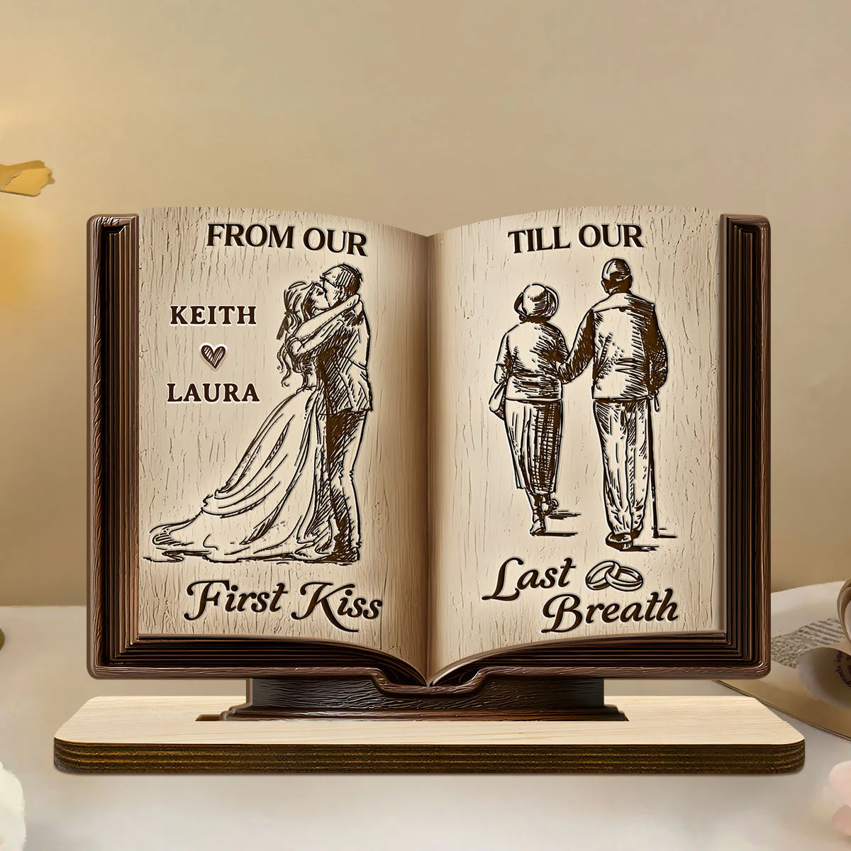 Personalized 2-Layer Wooden Plaque Book for Couples From First Kiss to Last Breath, Romantic Keepsake & Unique Anniversary Gift - Image 4