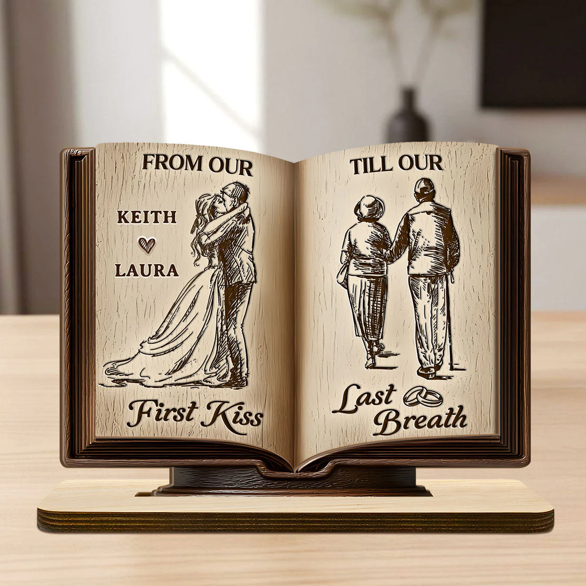 Personalized 2-Layer Wooden Plaque Book for Couples From First Kiss to Last Breath, Romantic Keepsake & Unique Anniversary Gift - Image 6