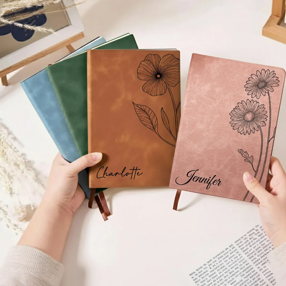 Personalized Leather Journal with Birth Flower Design – Custom Name Notebook Keepsake, Thoughtful Unique Gift for Her