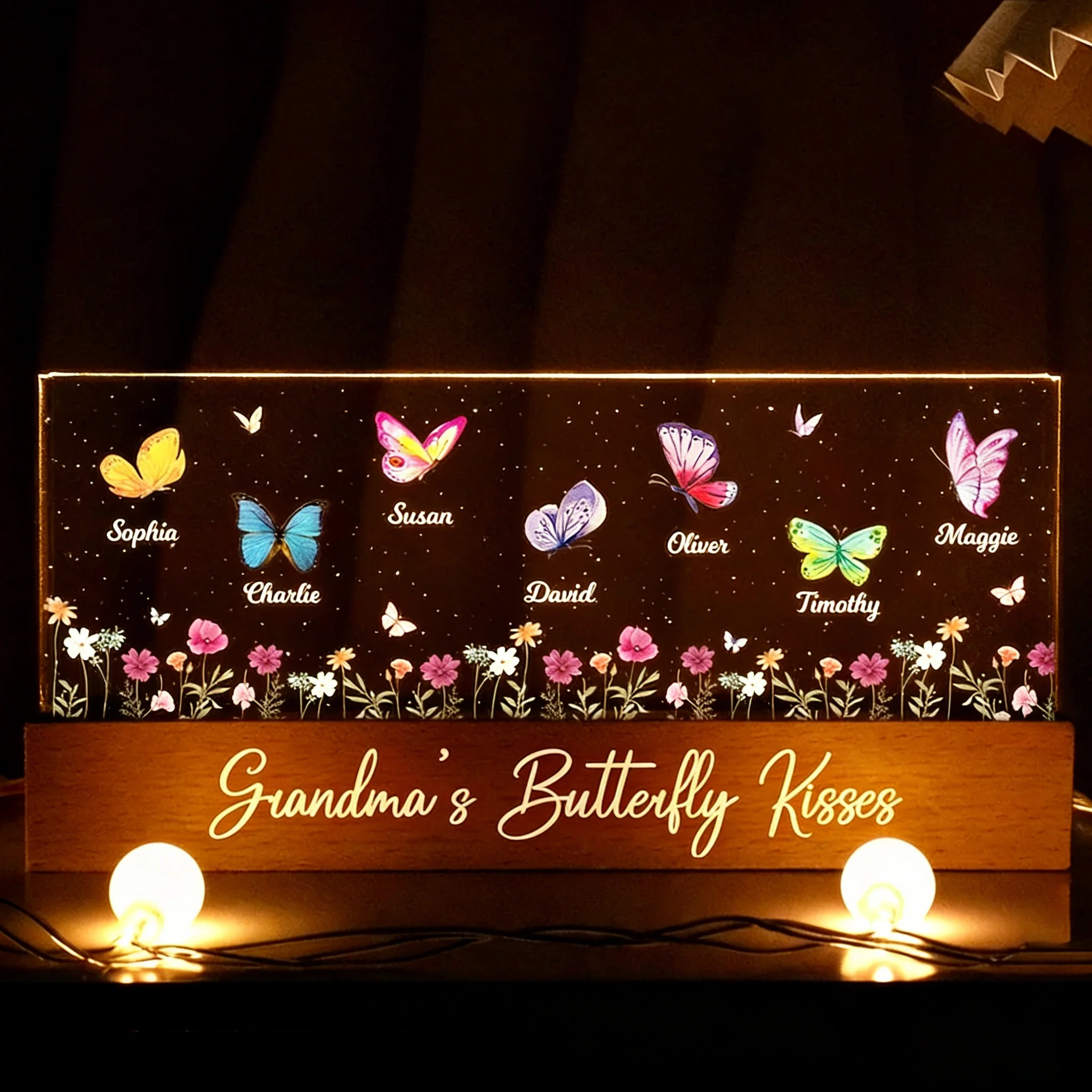 Personalized Block LED Light Plaque for Grandma with Butterflies & Names, Warm Night Light Keepsake Gift