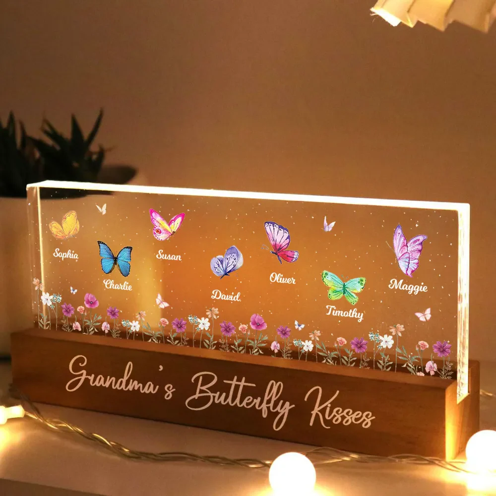 Personalized Block LED Light Plaque for Grandma with Butterflies & Names, Warm Night Light Keepsake Gift - Image 2