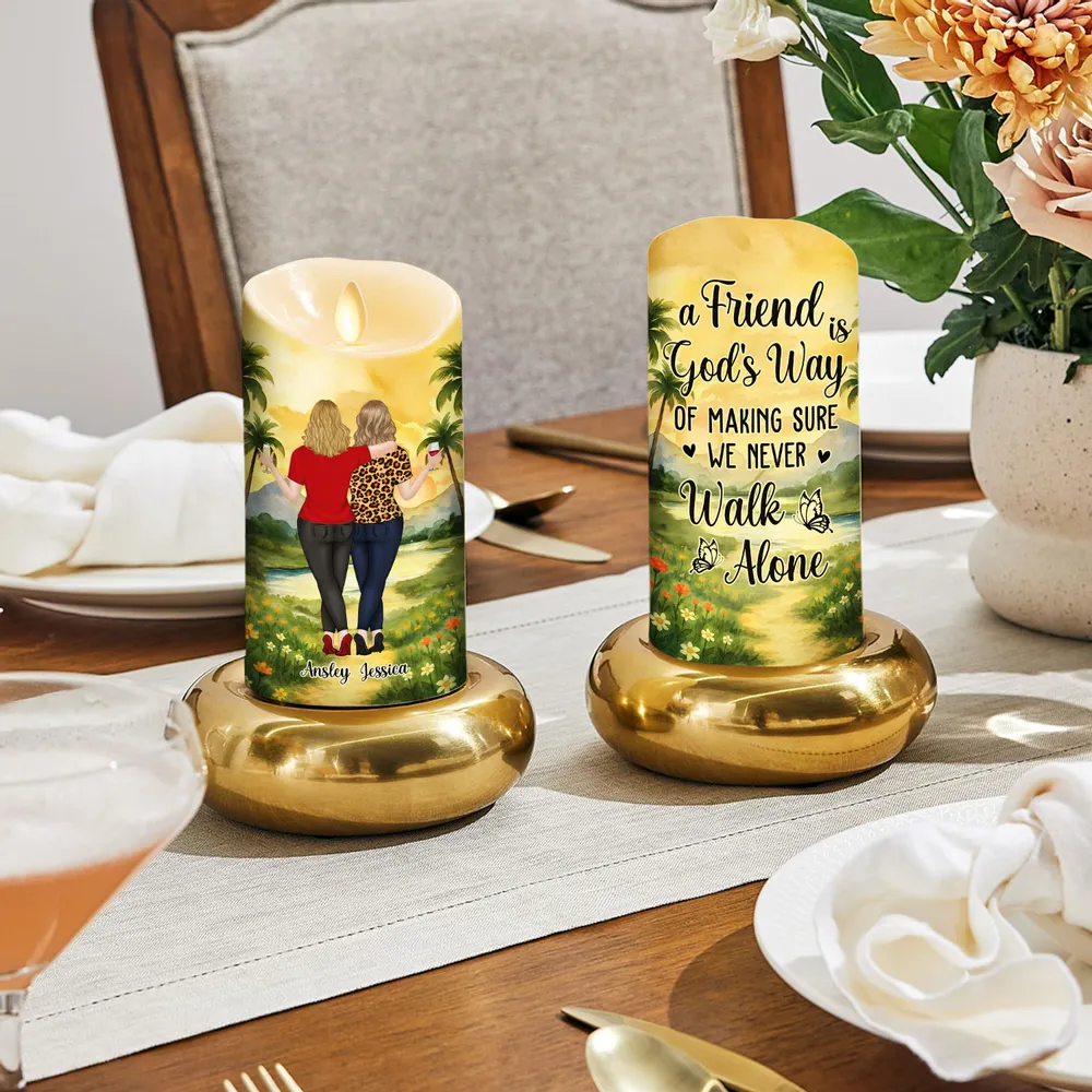 Personalized Flameless LED Candle with Best Friends Walking Away Scene, Warm Glow Sister Gift That Says We Never Walk Alone - Image 2