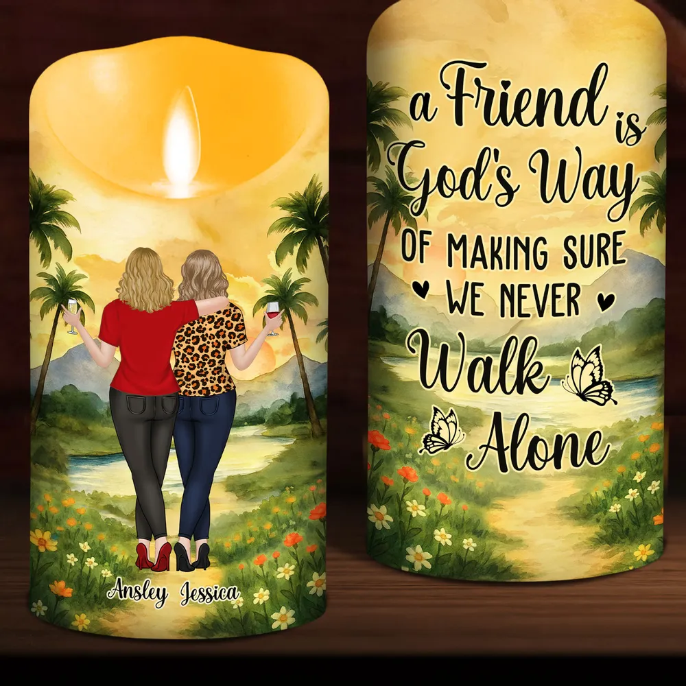Personalized Flameless LED Candle with Best Friends Walking Away Scene, Warm Glow Sister Gift That Says We Never Walk Alone - Image 3