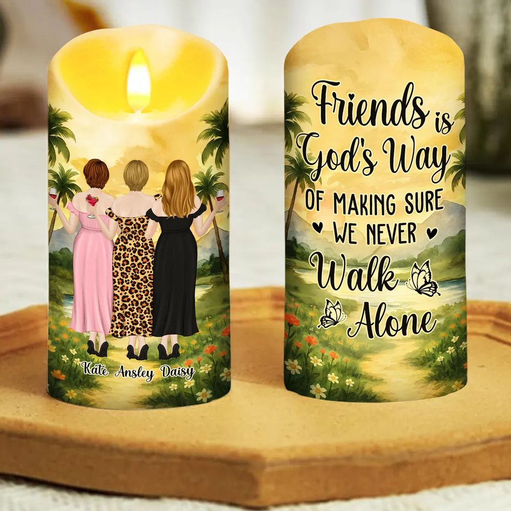Personalized Flameless LED Candle with Best Friends Walking Away Scene, Warm Glow Sister Gift That Says We Never Walk Alone - Image 4