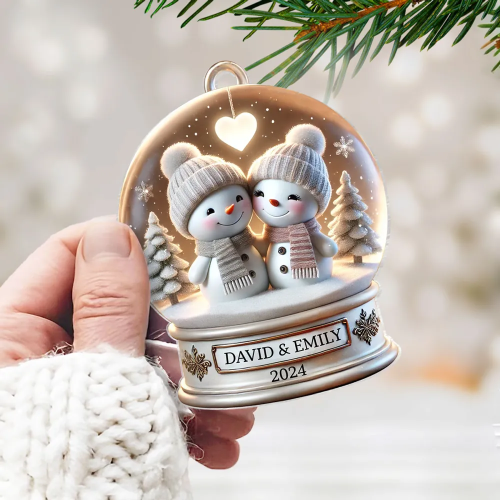 Personalized Acrylic Ornament with Snowman Couple in Snow Globe, Cute Winter Scene for Couples and a Unique Christmas Gift - Image 5