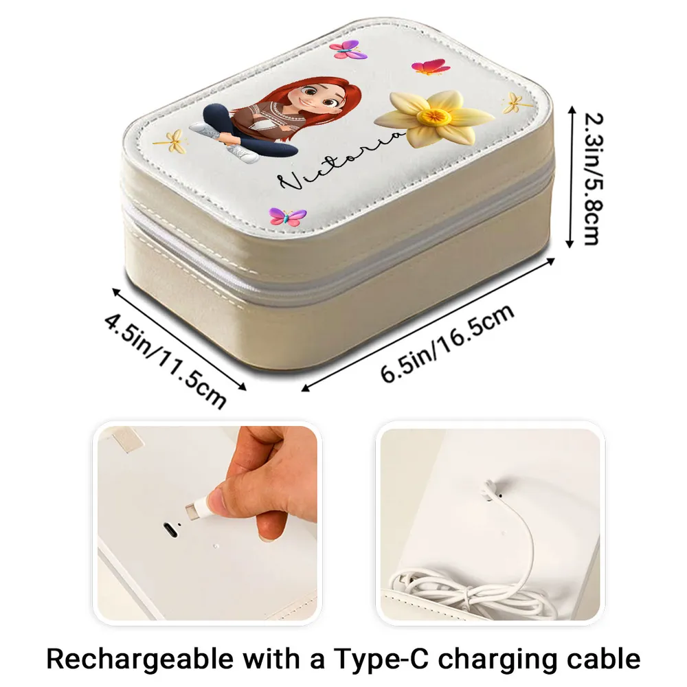 Personalized Leather LED Makeup Case with Cartoon Girl & Rose – Cute Custom Gift for Girls and Teens - Image 4