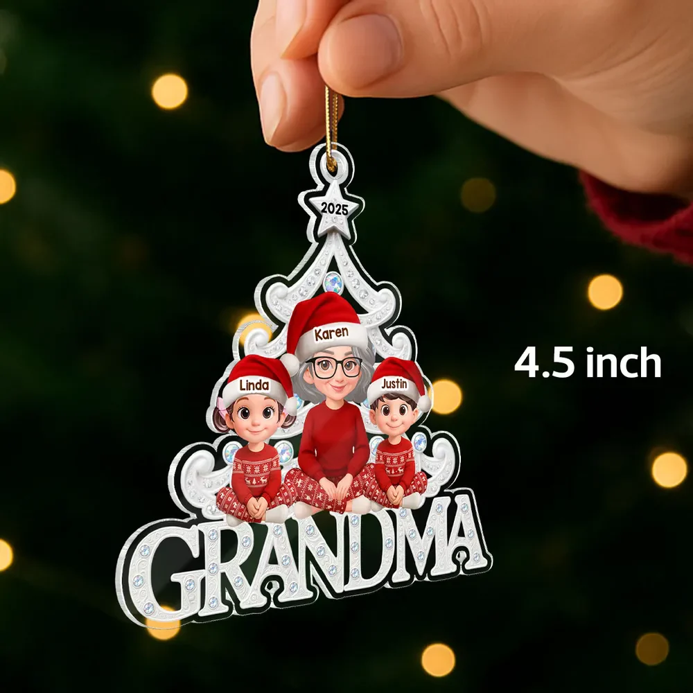 Custom Grandma Acrylic Ornament with Grandchildren in Santa Hats, Adorable Christmas Keepsake and Unique Family Gift - Image 2