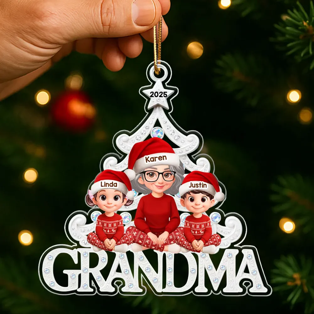 Custom Grandma Acrylic Ornament with Grandchildren in Santa Hats, Adorable Christmas Keepsake and Unique Family Gift - Image 3