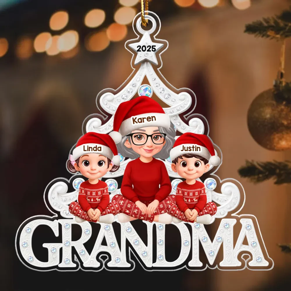 Custom Grandma Acrylic Ornament with Grandchildren in Santa Hats, Adorable Christmas Keepsake and Unique Family Gift - Image 7