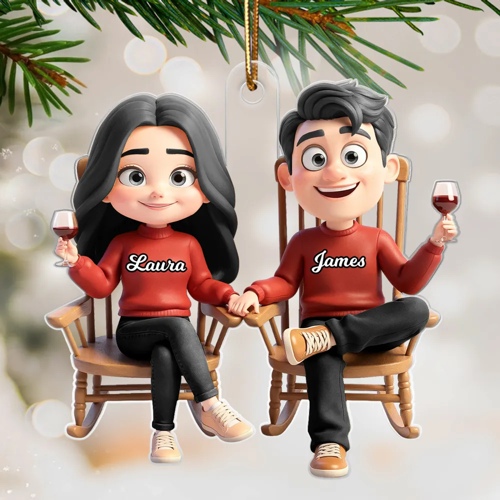 Personalized Acrylic Ornament with Cute Cartoon Couple in Rocking Chairs – Cozy Wine Night Scene, Unique Gift for Couples & Home Holiday Decor - Image 6