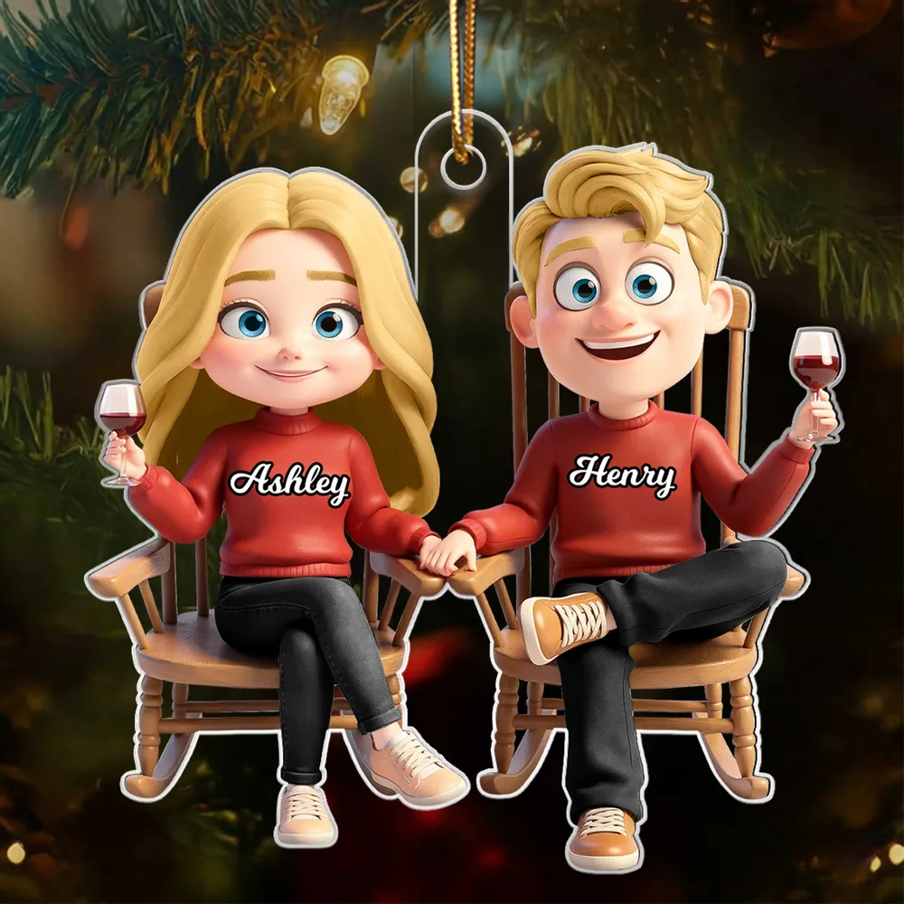 Personalized Acrylic Ornament with Cute Cartoon Couple in Rocking Chairs – Cozy Wine Night Scene, Unique Gift for Couples & Home Holiday Decor - Image 7