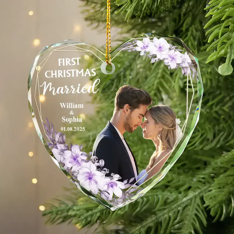 Personalized Crystal Ornament for First Christmas Married – Custom Photo Couple Keepsake, Romantic Holiday Tree Gift - Image 3