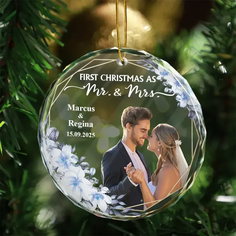 Personalized Crystal Ornament for First Christmas Married – Custom Photo Couple Keepsake, Romantic Holiday Tree Gift - Image 4