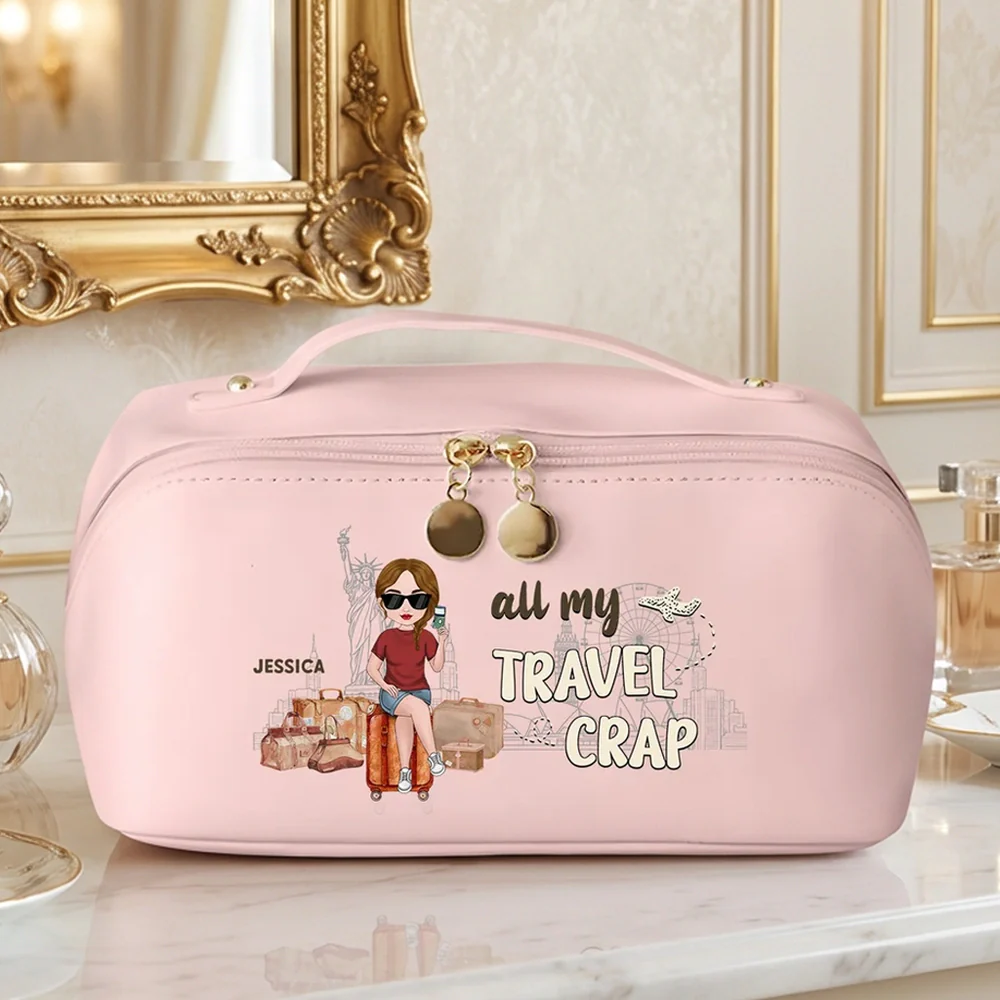 Personalized Leather Makeup Bag for Travel Lovers – Custom Cartoon Girl Design, Spacious Organizer, Unique Trendy Gift