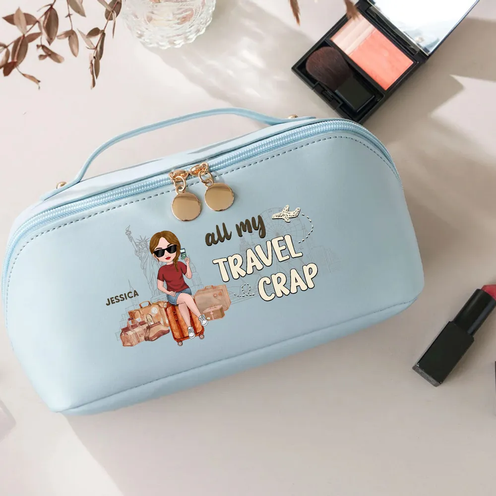 Personalized Leather Makeup Bag for Travel Lovers – Custom Cartoon Girl Design, Spacious Organizer, Unique Trendy Gift - Image 2