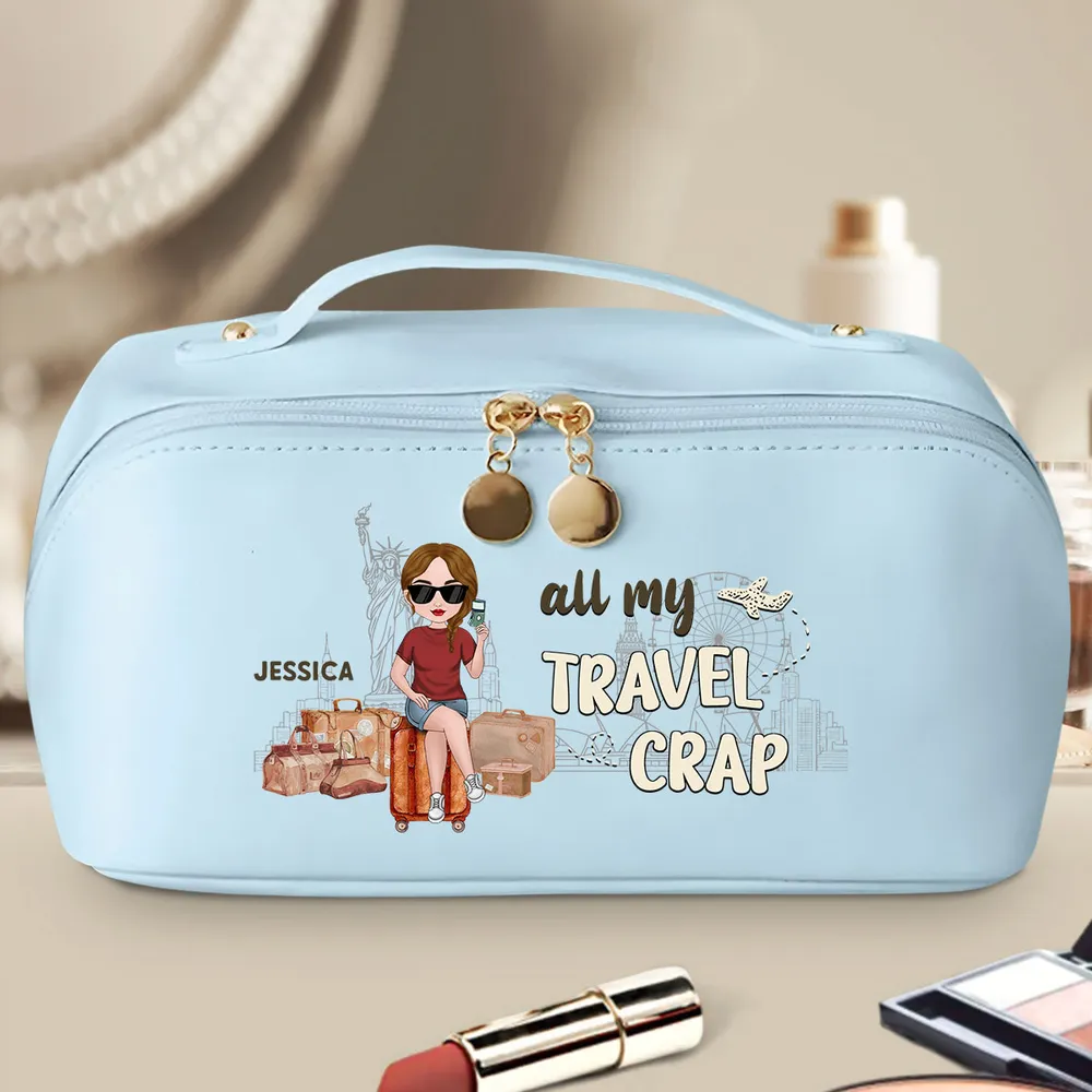 Personalized Leather Makeup Bag for Travel Lovers – Custom Cartoon Girl Design, Spacious Organizer, Unique Trendy Gift - Image 5