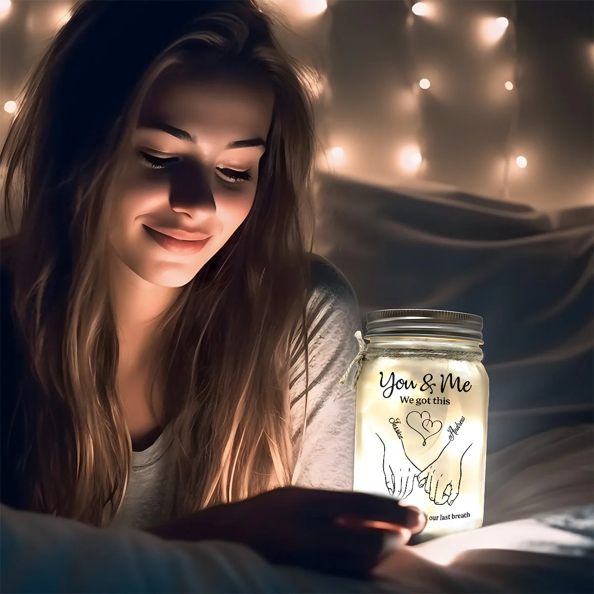 Personalized Glass Mason Jar Light for Couples with Hand-Holding Art, You & Me Romantic Quote, Unique Anniversary Gift - Image 3