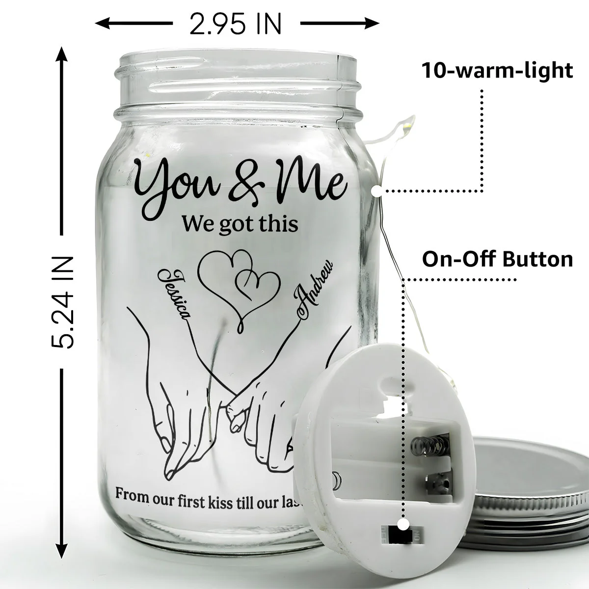 Personalized Glass Mason Jar Light for Couples with Hand-Holding Art, You & Me Romantic Quote, Unique Anniversary Gift - Image 4