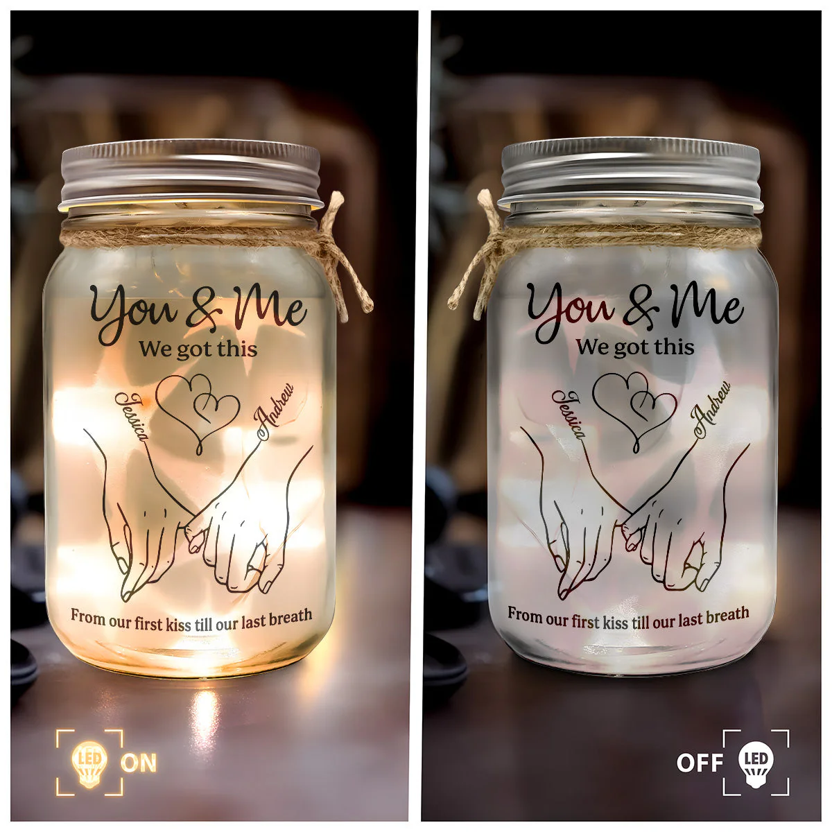 Personalized Glass Mason Jar Light for Couples with Hand-Holding Art, You & Me Romantic Quote, Unique Anniversary Gift - Image 5