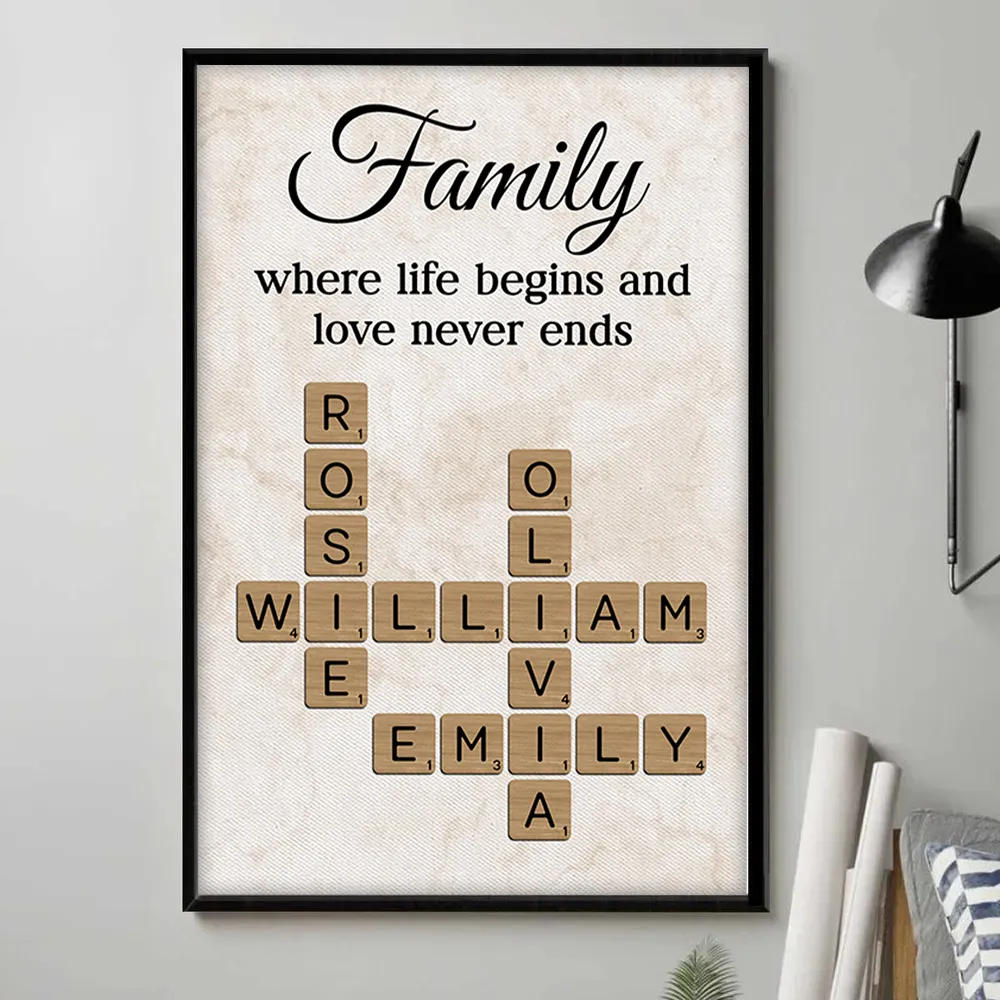 Family Where Life Begins and Love Never Ends Personalized Poster β Custom Crossword Wall Art, Heartfelt Gift for Any Home