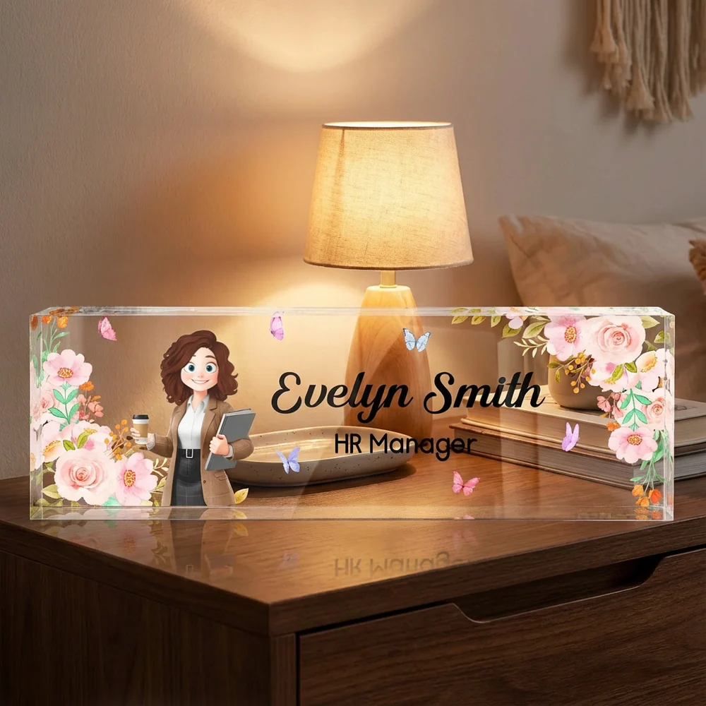 Personalized Rectangle Acrylic Block Plaque for Office Desk Decor – Custom Name Plate with Floral Art, Unique Gift for Coworkers & Boss - Image 2