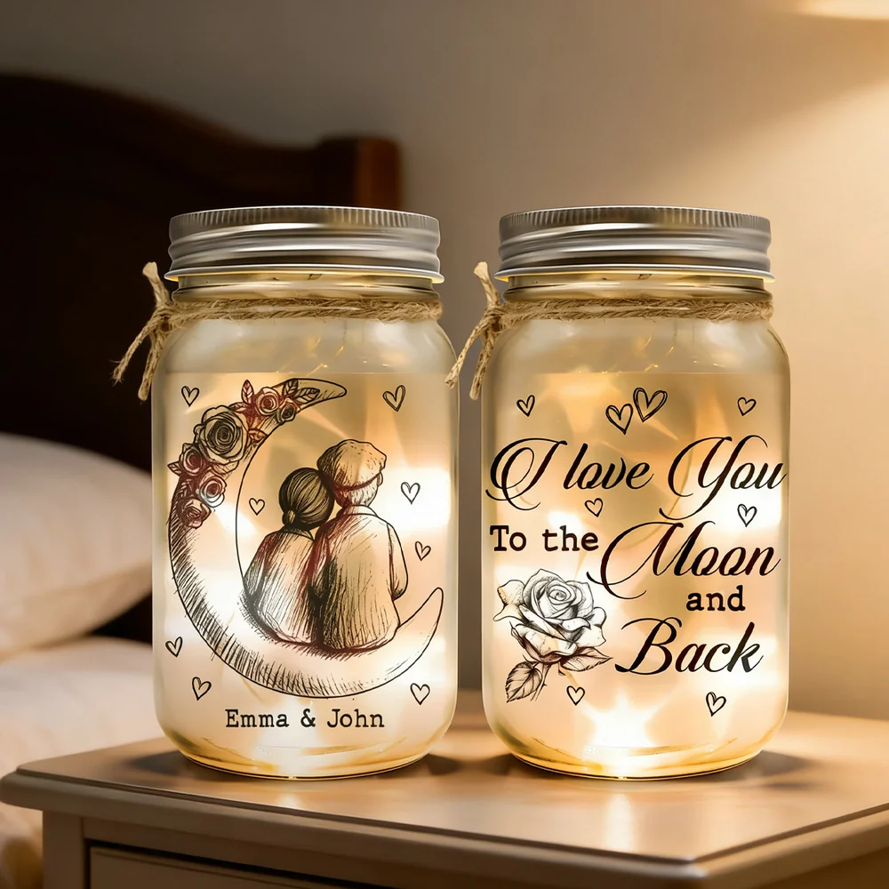 Personalized Glass Mason Jar Light with Moon Couple Design – Romantic I Love You To The Moon And Back Unique Gift
