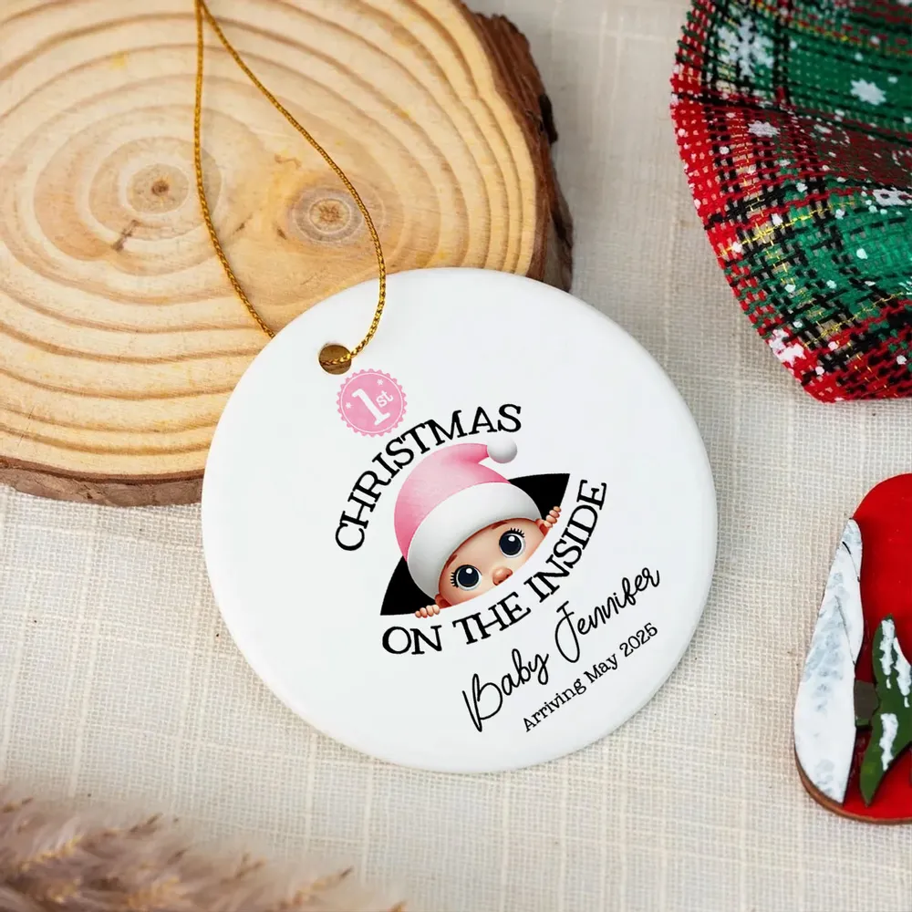 Personalized Christmas Ceramic Ornament for Expecting Parents, Baby Peeking Design, Unique Holiday Keepsake Gift - Image 3