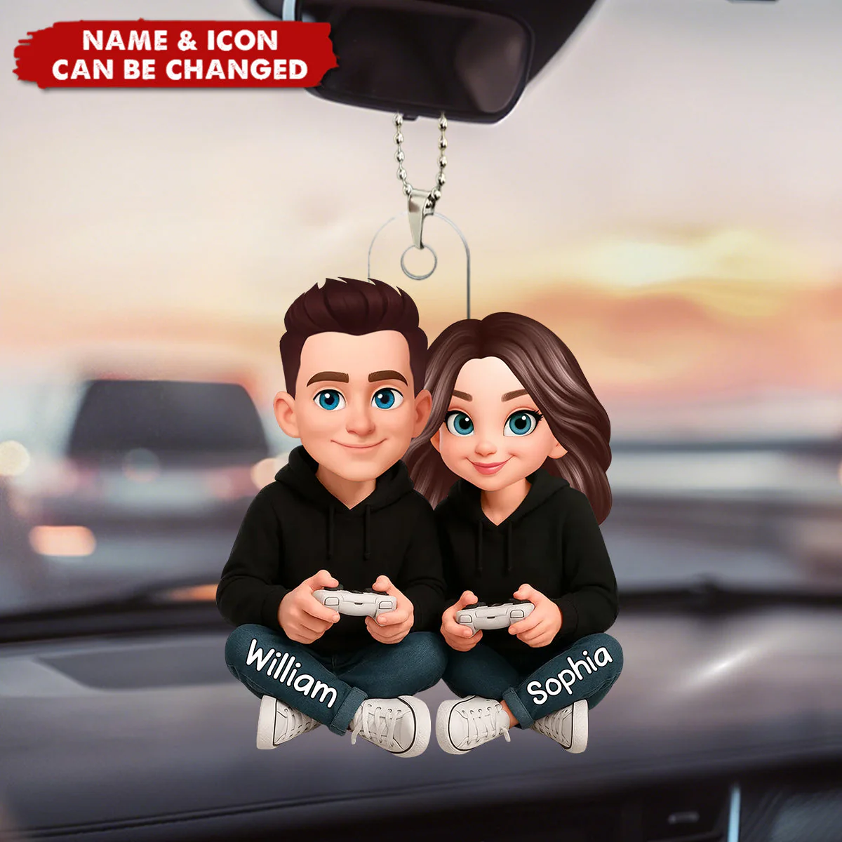 Personalized Acrylic Car Hanger Cute Gamer Couple Cartoon Car Mirror Decor Unique Gift for Couples, Sweet Daily Reminder - Image 3