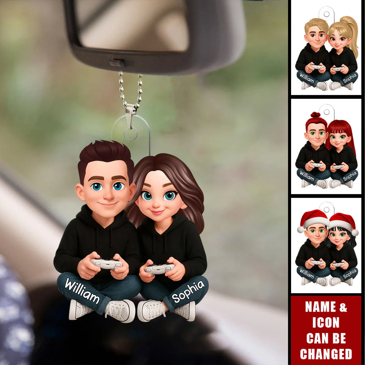 Personalized Acrylic Car Hanger Cute Gamer Couple Cartoon Car Mirror Decor Unique Gift for Couples, Sweet Daily Reminder - Image 6