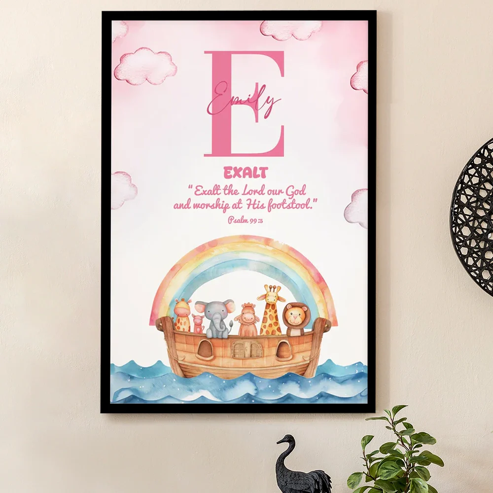 Custom Kids Noahs Ark Poster with Initial and Scripture Nursery Wall Art, Sweet Faith-Filled Gift for Baby or Child