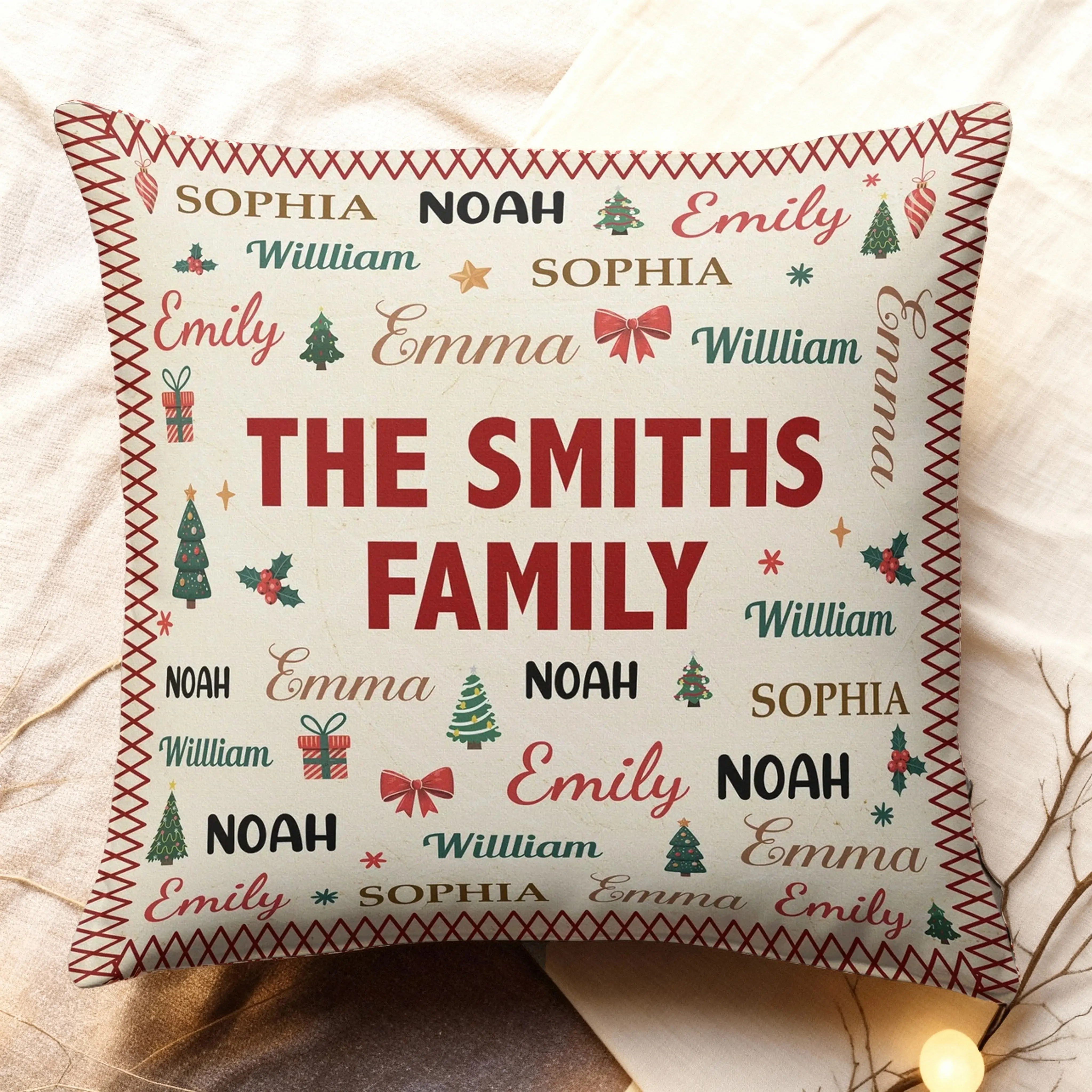 Personalized Family Name Square Pillow with Names All Over, Festive Accent Cushion, Unique Gift Idea for Cozy Home Decor
