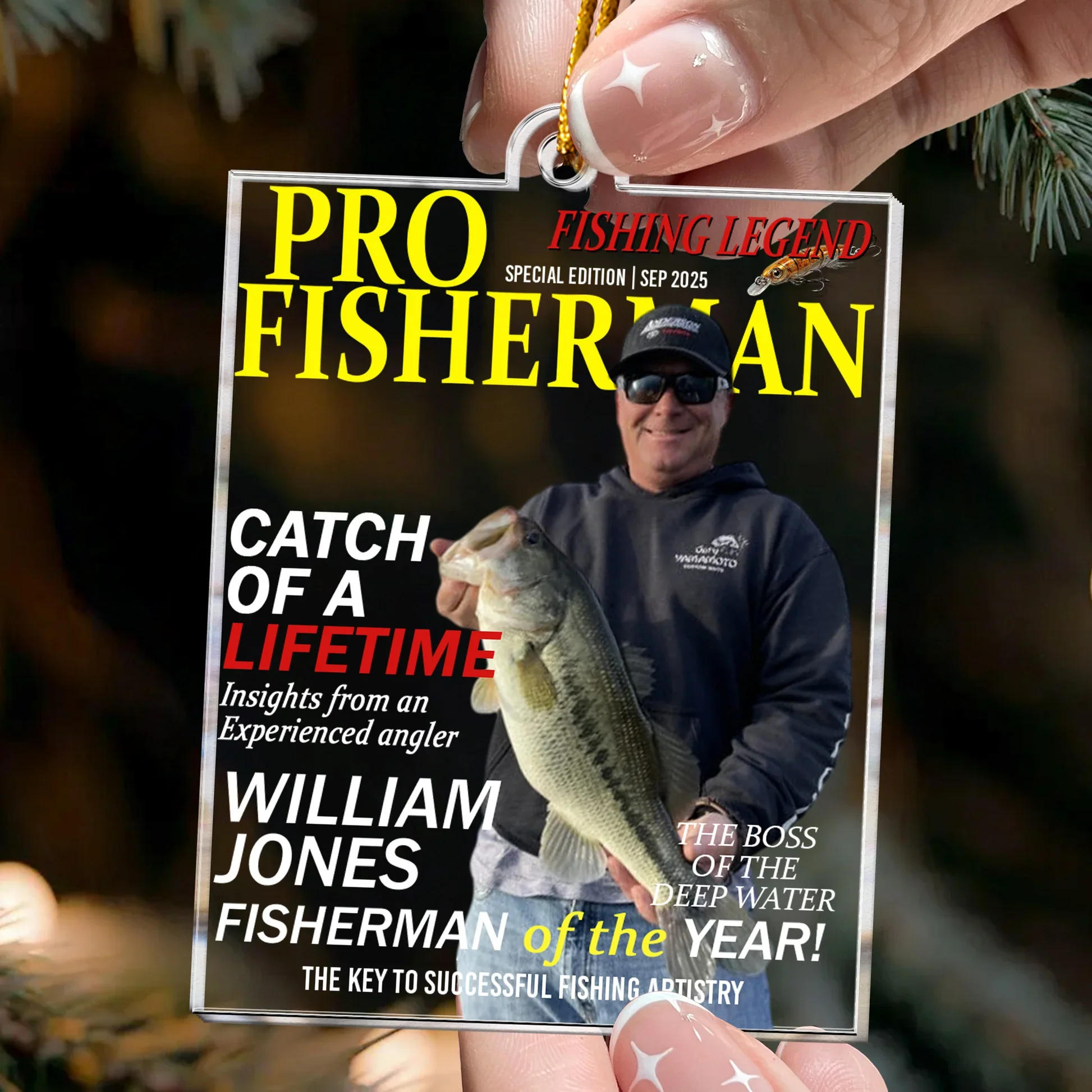Personalized Acrylic Ornament for Fishing Legend – Pro Fisherman Magazine Style, Unique Gift for Anglers & Holiday Decor - Image 2
