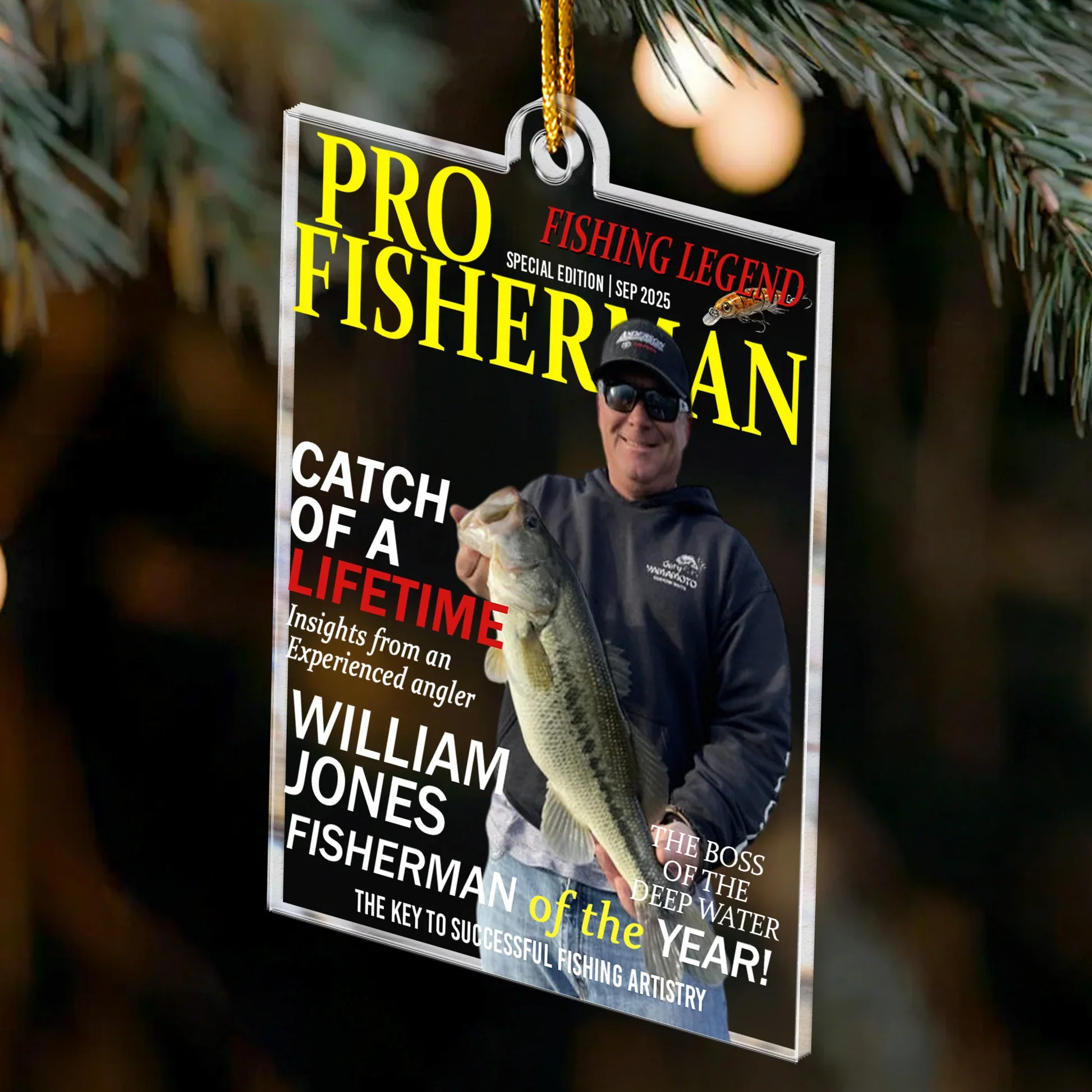 Personalized Acrylic Ornament for Fishing Legend – Pro Fisherman Magazine Style, Unique Gift for Anglers & Holiday Decor - Image 3