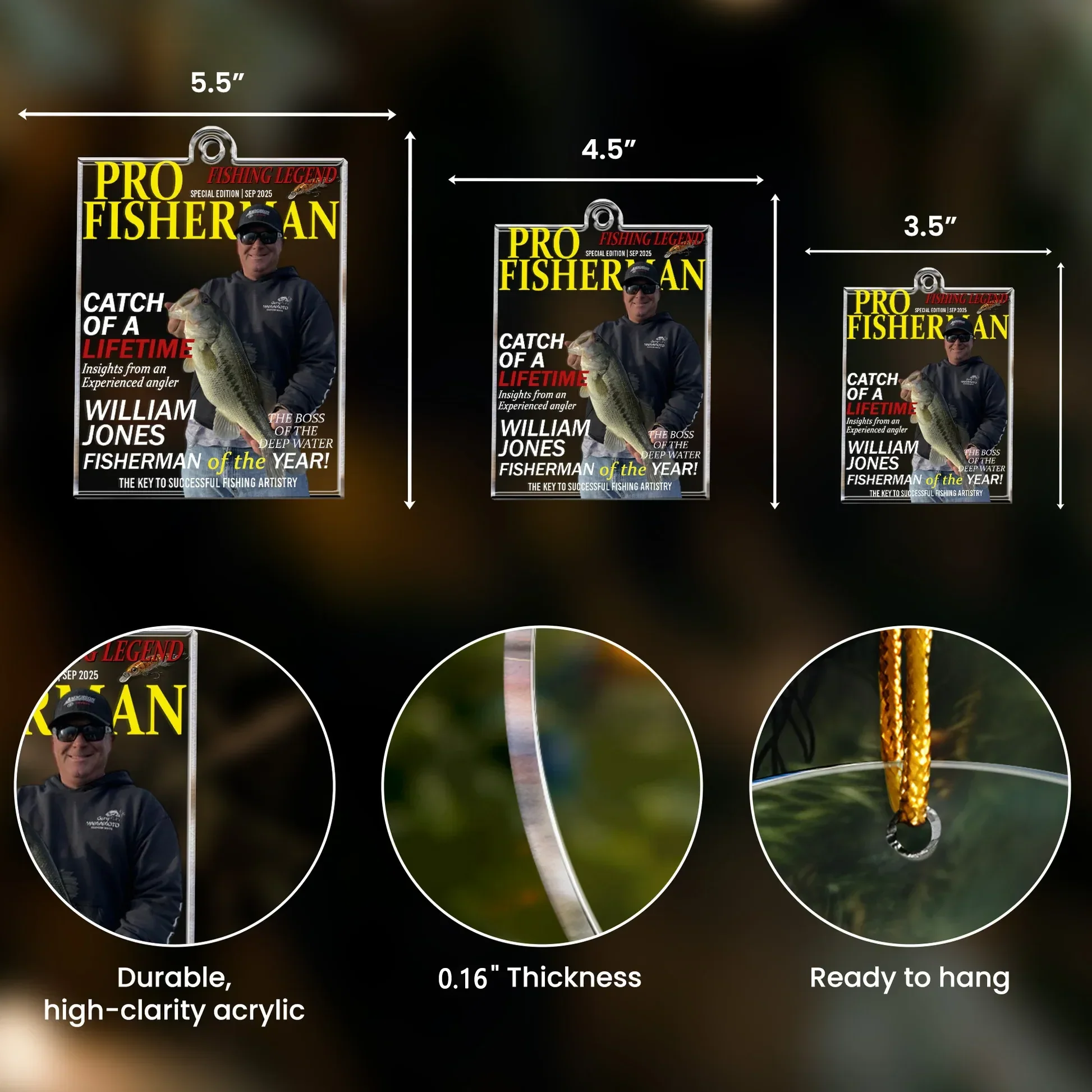 Personalized Acrylic Ornament for Fishing Legend – Pro Fisherman Magazine Style, Unique Gift for Anglers & Holiday Decor - Image 4