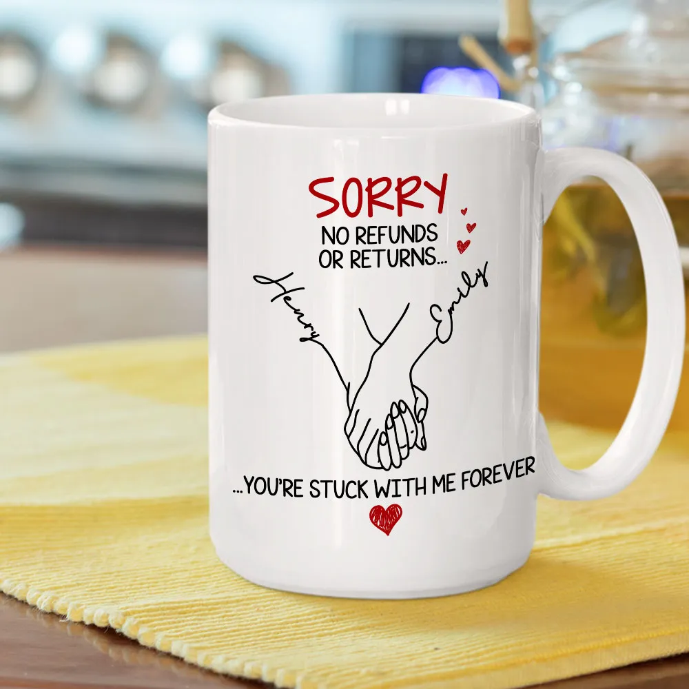Personalized White Ceramic Mug with Holding Hands Illustration – Romantic “You’re Stuck with Me Forever” Couple Gift - Image 5