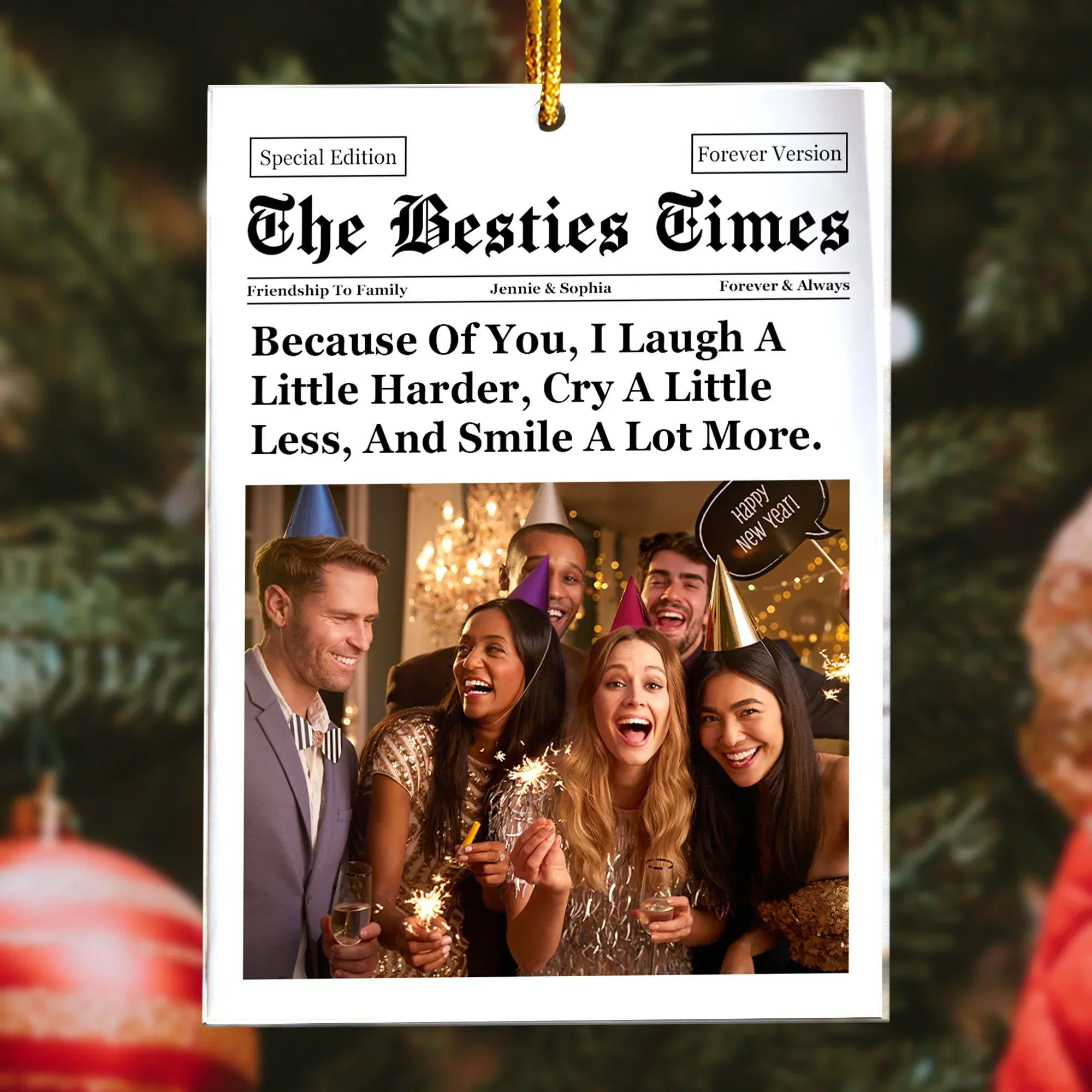 Personalized Acrylic Ornament for Best Friends – Newspaper Style Photo Acrylic Ornament, Unique Christmas Gift with Heartwarming Quote - Image 4