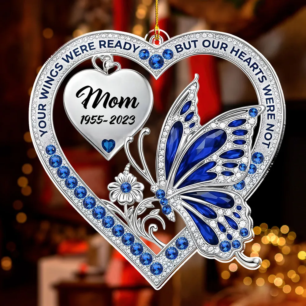 Personalized Acrylic Ornament for Mom Memorial with Blue Butterfly & Heart – Unique Remembrance Gift & Festive Decor - Image 3
