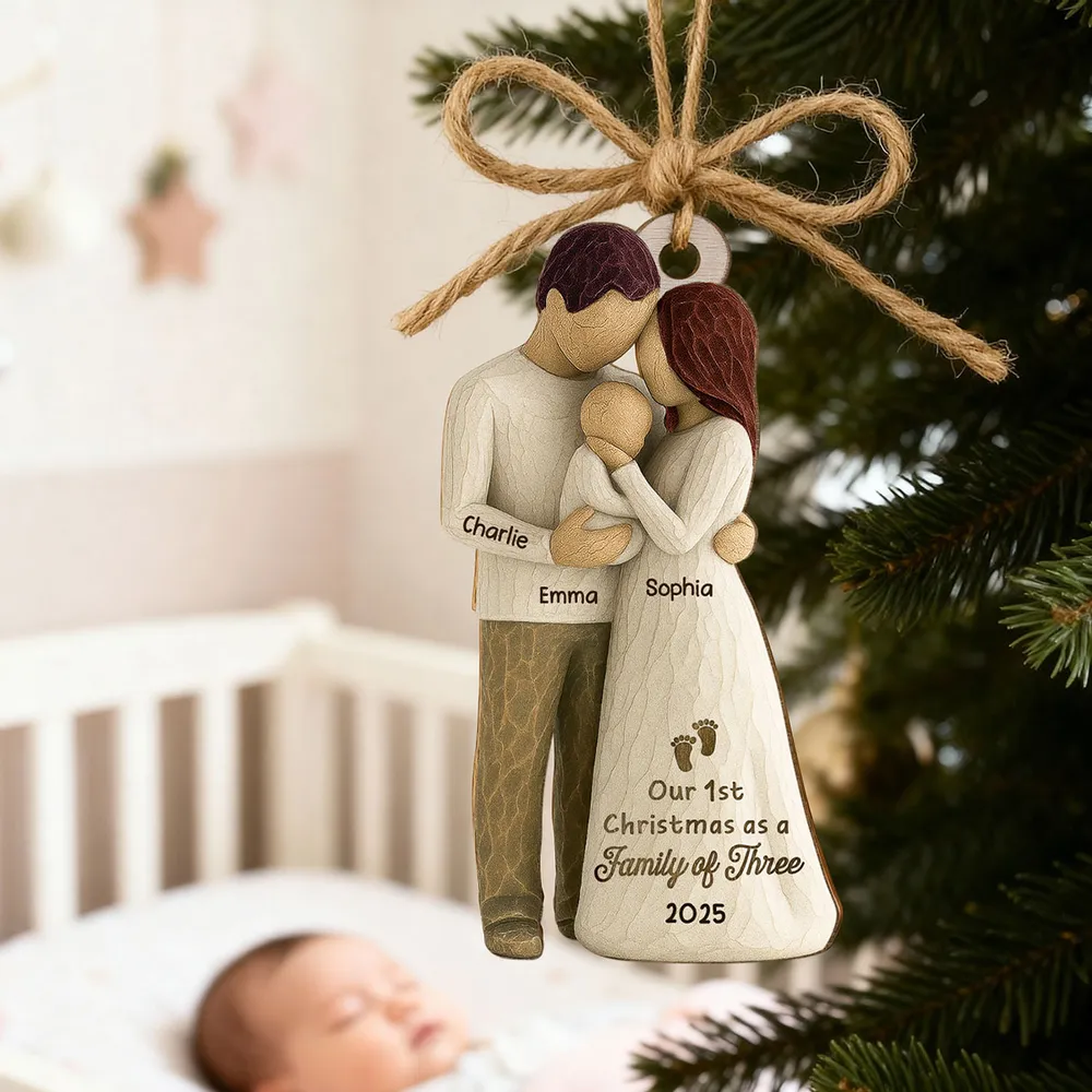 Custom Family of Three Wooden Ornament – New Baby Christmas Keepsake for Proud Parents, Unique Holiday Gift - Image 7