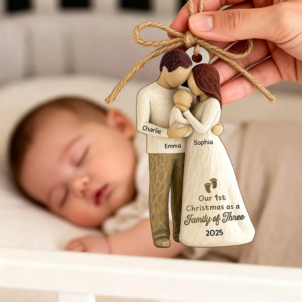 Custom Family of Three Wooden Ornament – New Baby Christmas Keepsake for Proud Parents, Unique Holiday Gift - Image 9