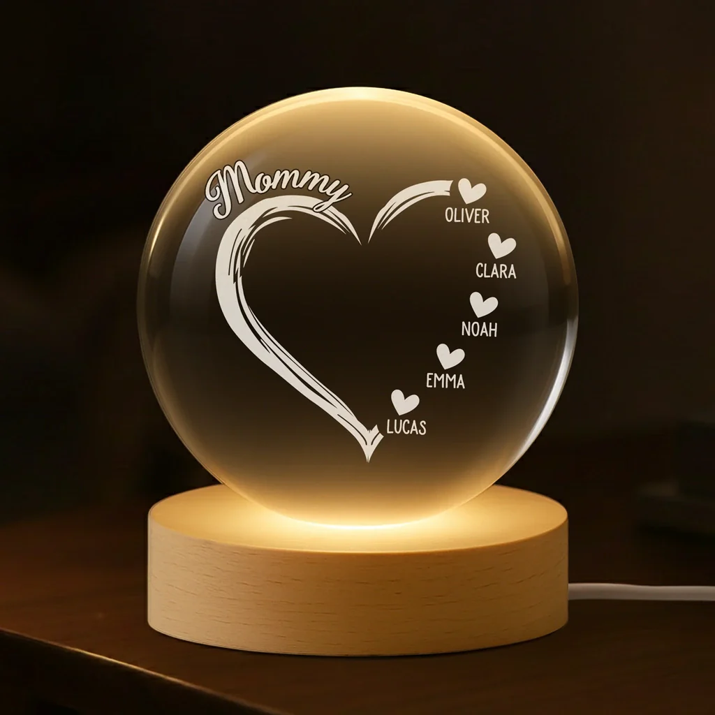 Custom Mommy Globe Lamp with Heart and Names, Warm Ambient Light for Bedroom or Living Room, Meaningful Keepsake Gift