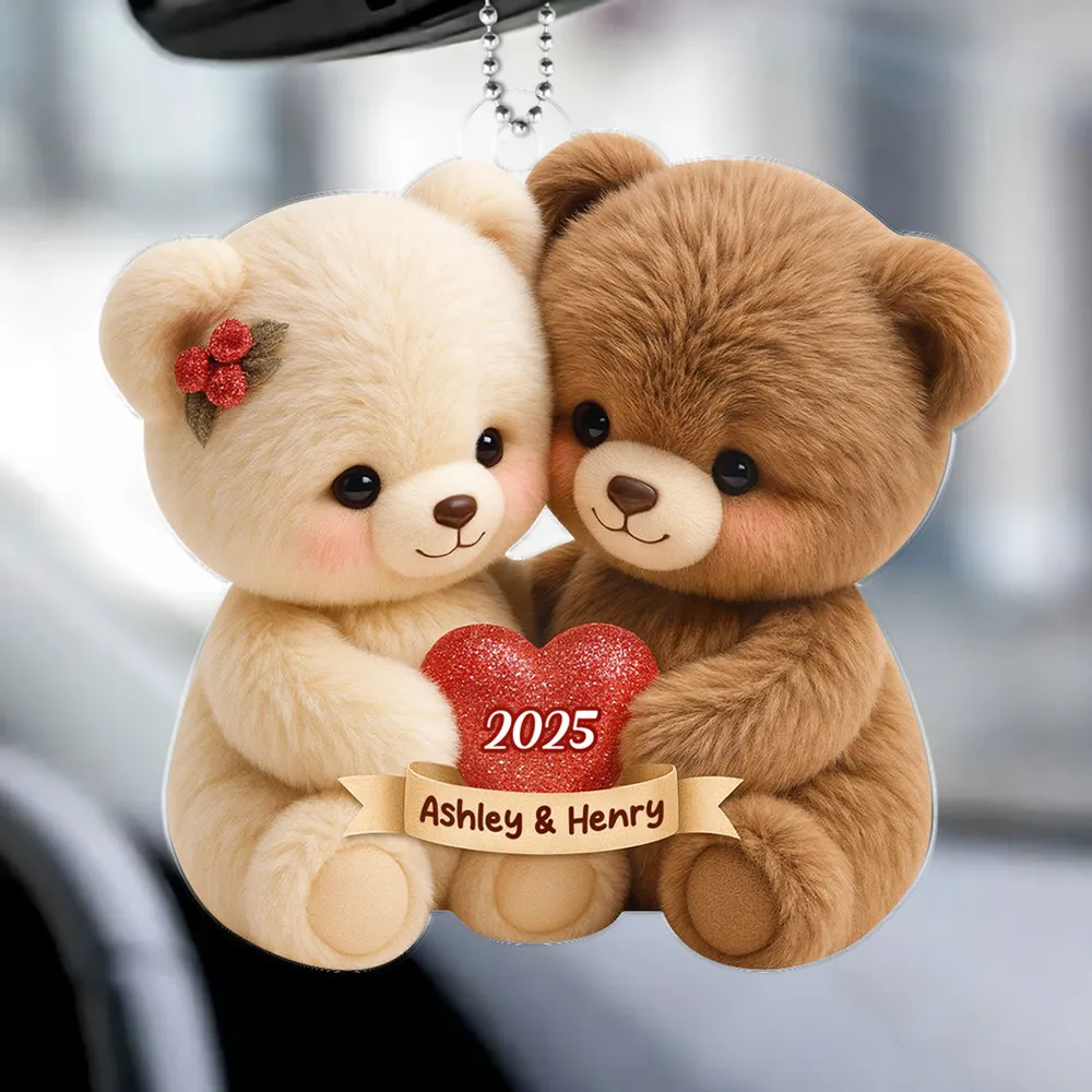 Personalized Acrylic Car Hanger with Cute Bear Couple – Custom Car Mirror Decor and Unique Romantic Gift for Couples - Image 3