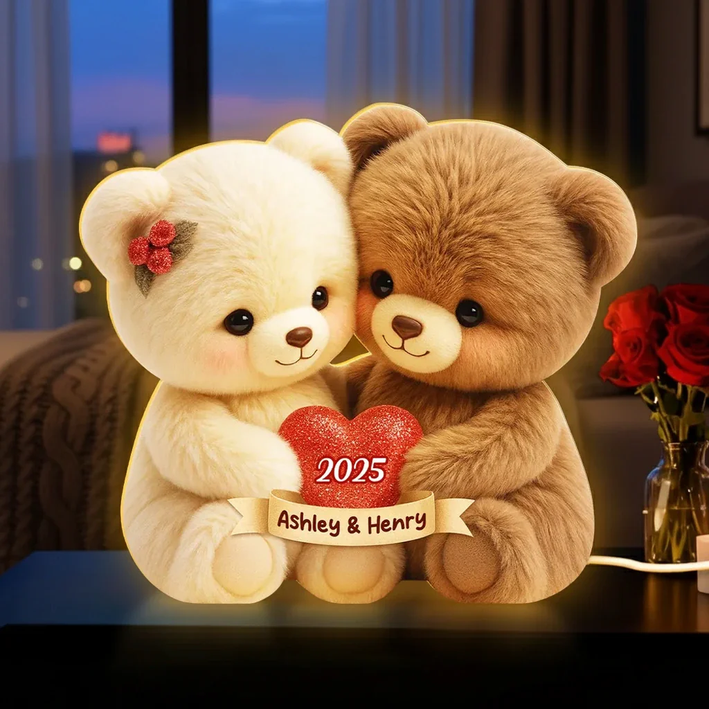 Personalized Acrylic Light Box with Hugging Bear Couple, Soft Warm Glow Bedroom Lamp, Unique Romantic Gift for Couples