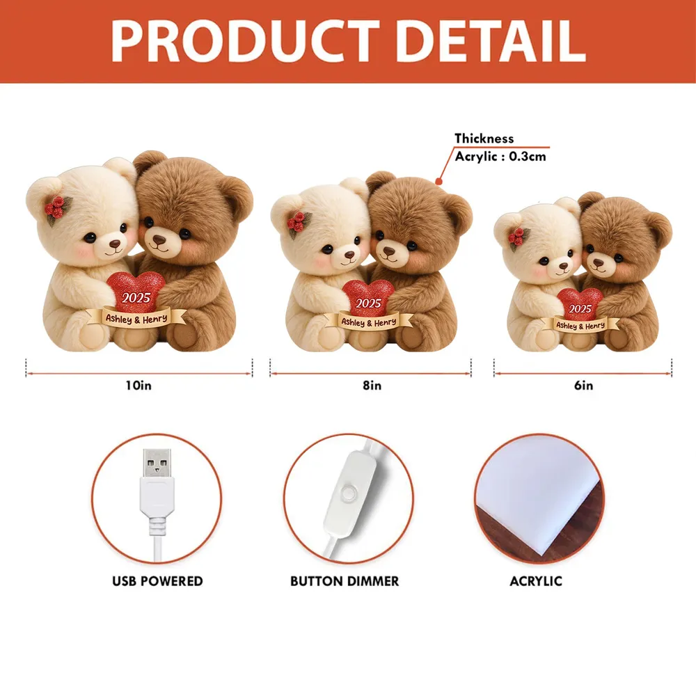 Personalized Acrylic Light Box with Hugging Bear Couple, Soft Warm Glow Bedroom Lamp, Unique Romantic Gift for Couples - Image 6