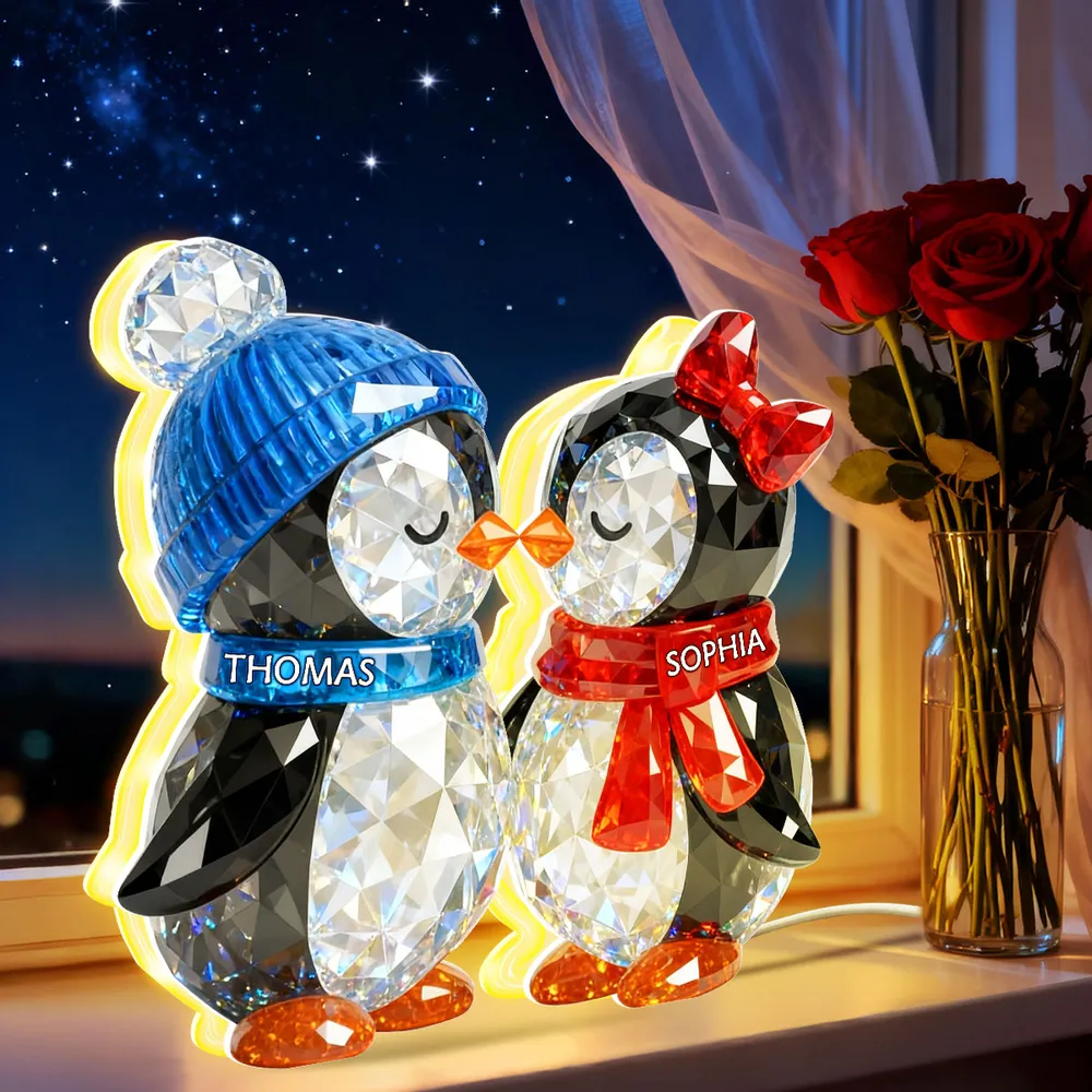 Custom Penguin Couple Acrylic Light Box with Names, Romantic LED Night Light Gift for Couples - Image 2