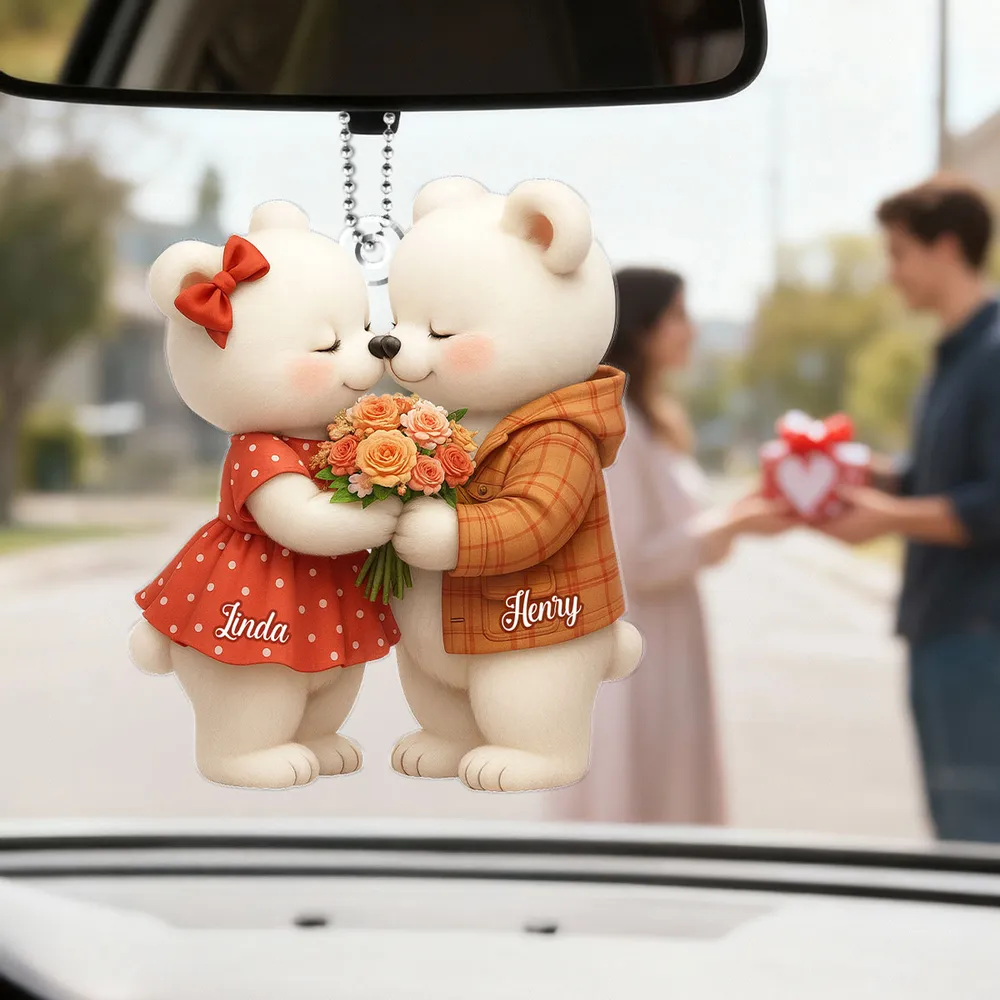Personalized Acrylic Car Hanger with Kissing Bear Couple – Cute Romantic Car Mirror Decor & Unique Gift for Couples - Image 3