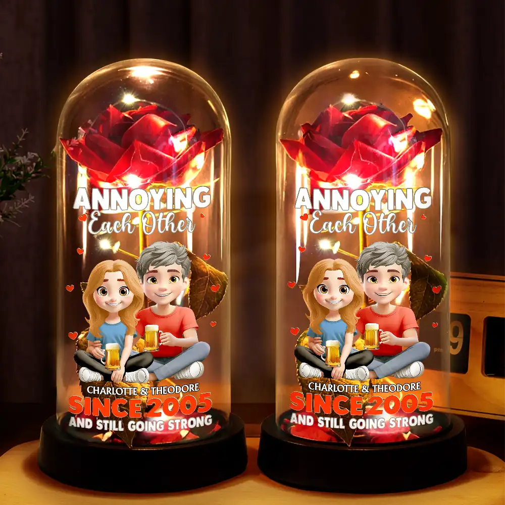 Personalized Lighted Eternal Rose Dome with Cute Couple Illustration, Warm Glow Decor, Unique Anniversary Gift - Image 3