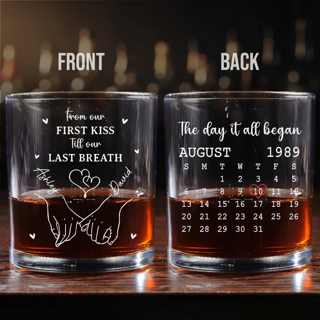 Personalized Whiskey Glass with Date Calendar β The Day It All Began Couple Gift for Romantic Anniversaries
